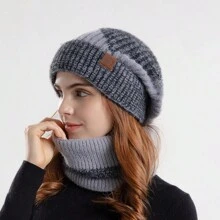 2 Pieces Knitted Soft And Fleece Bib 2 Pieces Knitted Hat And Scarf Slouchy Beanie Hat Set Women's Fashion Knitted Hat Soft Cold Beanie Scarf Set
