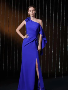 V.DRESSES Navy Blue Faeriesty 3D-Flower Decoration One-Shoulder Slit Gowns - Blue - View 1