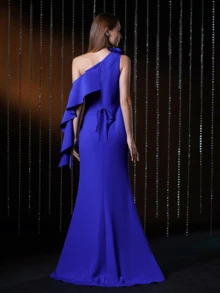 V.DRESSES Navy Blue Faeriesty 3D-Flower Decoration One-Shoulder Slit Gowns - Blue - View 3