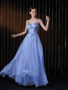 V.DRESSES Faeriesty Sequin Tulle Beaded A-Line Dress - Light Wash - View 3