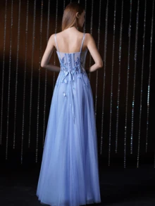 V.DRESSES Faeriesty Sequin Tulle Beaded A-Line Dress - Light Wash - View 5