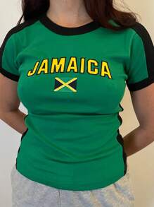 Women T-Shirt, Crew Neck Short Sleeve Letters Print Contrast Color Summer Tops Streetwear