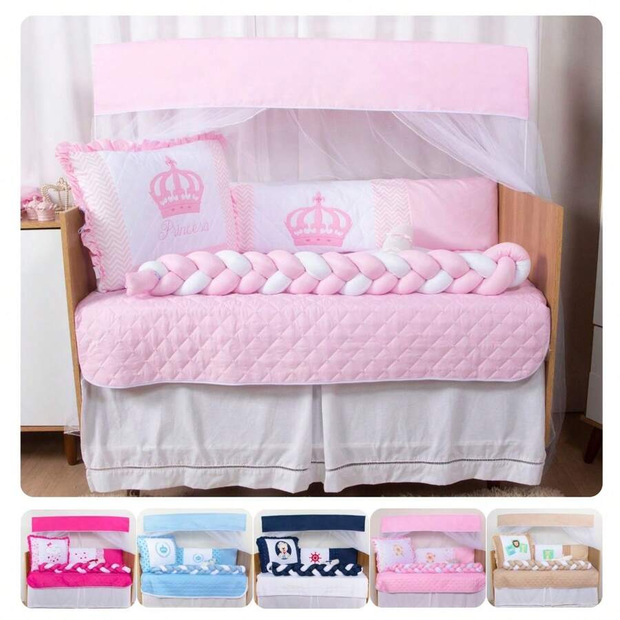 Crib Protector Kit With American Braid Embroidery For Boy And Girl 10 Pieces - Công chúa hoàng gia màu hồng - Xem 1