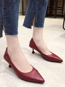 黑色百搭低跟/高跟尖头舒适一脚蹬高跟鞋，适合工作、春秋季节 - 酒紅色 - 查看 4