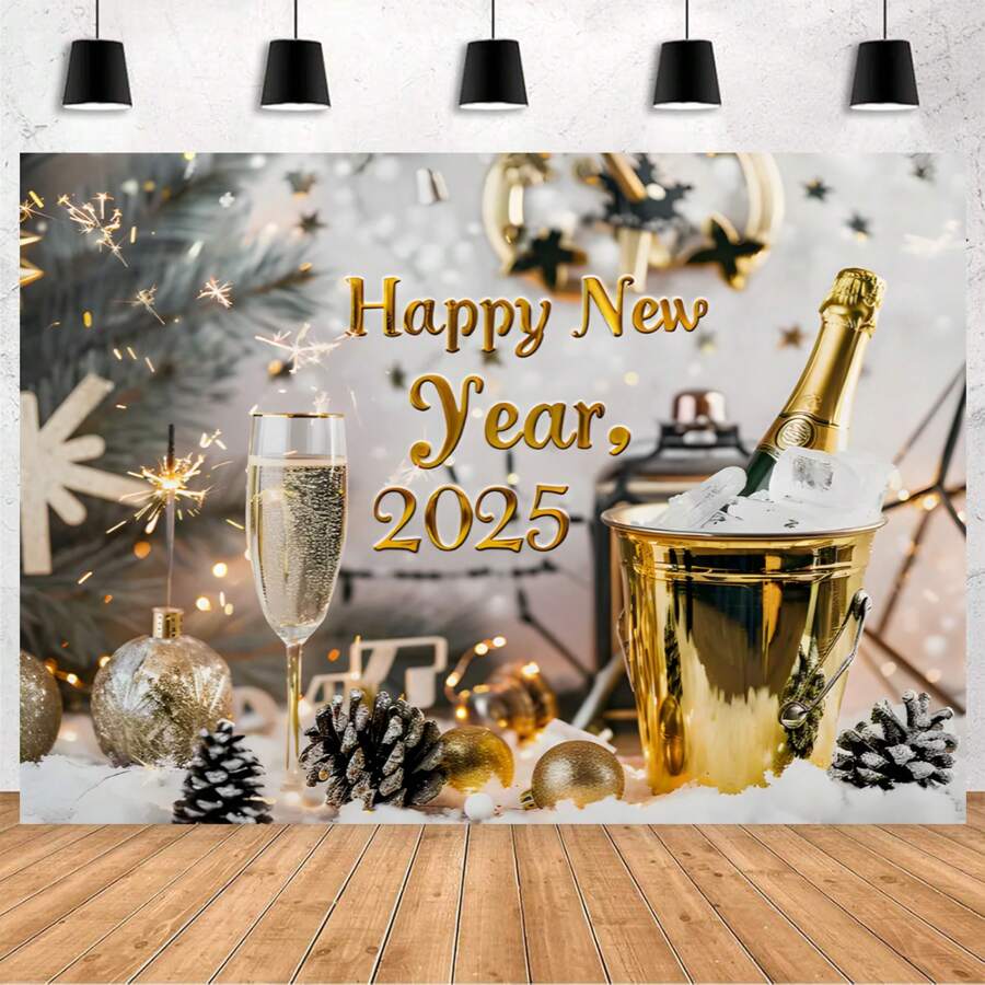 2025 Happy New Year Background Champagne Pinecone Design For New Year Party Background Banner Portrait Photography Background Vinyl - Type B - View 1
