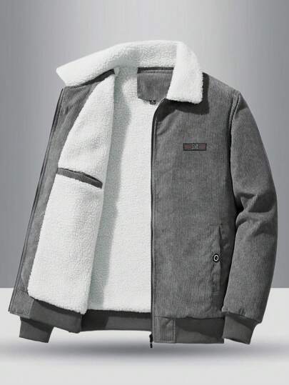 Teen Boys Solid Color Thermal Lined Warm Zip-Up Hoodie Jacket For Winter, With Letter Print