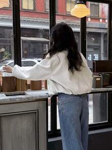 GMFP 女士春夏休闲优雅时尚宽松柔软纯色拉链长袖外套，带口袋，米色飞行员夹克，适合音乐节/婚礼季穿着 - 米色 - 查看 4