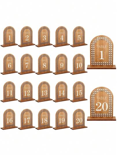 20pcs 1-20 Rattan Engraved Table Numbers With Wooden Stand, Wooden Wedding Signs For Dining Table, Restaurant, Wedding Party Decoration