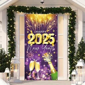 1 件新年派对门廊装饰横幅 - 70x35 英寸紫色和金色烟花设计，节日派对装饰，适用于家庭、室内、室外、花园装饰，新年日常庆祝活动