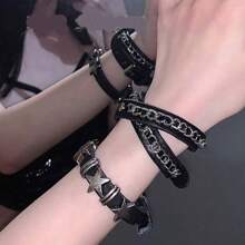 2025 嘻哈朋克星链哥特式手镯摇滚袖口手链链条黑色铆钉仿皮手链男女饰品 - 黑色 - 查看 2