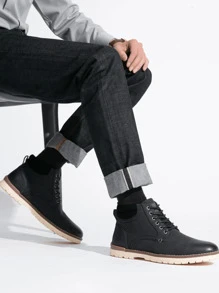 SHOESMALL Men's Chukka Motorcycle Black Boots Hiking Brown Boots Casual Boots Water-Resistant Ankle Outdoor Boots - 黑色 - 查看 2