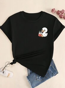 Cotton T-Shirt Cartoon Style Cute Animals Breathable Premium Elegant Summer Women's T-Shirt - màu đen - Xem 2