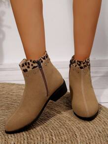 Giày bốt cổ ngắn màu đen mũi nhọn kiểu Anh mới, cỡ lớn 36-43, thời trang ngoài trời mùa thu/đông, chất liệu da PU màu be, gót vuông, buộc dây và có khóa kéo bên hông, thích hợp mang hàng ngày. - màu nâu - Xem 4