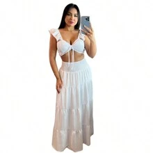 Women's Elegant Luxurious Skirt And Blouse Set, Reinforced Long Cropped Skirt - trắng - Xem 5