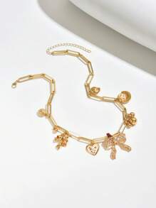 1pc Unique Fashion 18K Gold Plated Metal Fully Rhinestone Bowknot Heart Floral Pendant Necklace For Women, Can Be Purchased As 1pc Or 2pcs Set With Multiple Pendants, Suitable For Party, Wedding, Holiday Occasions And As A Gift
