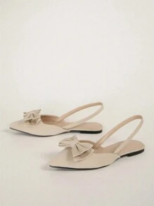 Spring Apricot Satin Bow Pointy Toe Mary Jane Flats, Elegant Comfortable For Commute, Party Wear - Beige - View 5