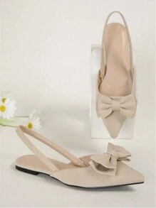 Spring Apricot Satin Bow Pointy Toe Mary Jane Flats, Elegant Comfortable For Commute, Party Wear - Beige - View 4