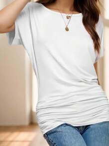 OUTBALL Womens Casual T Shirts Dolman Short Sleeve Shirts Boat Neck Ruched Tops Summer Lightweight Clothes - trắng - Xem 1