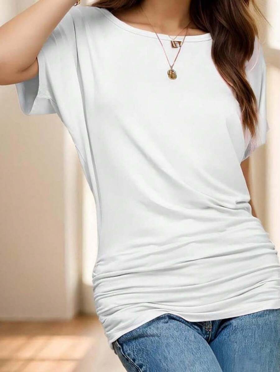 OUTBALL Womens Casual T Shirts Dolman Short Sleeve Shirts Boat Neck Ruched Tops Summer Lightweight Clothes - trắng - Xem 1