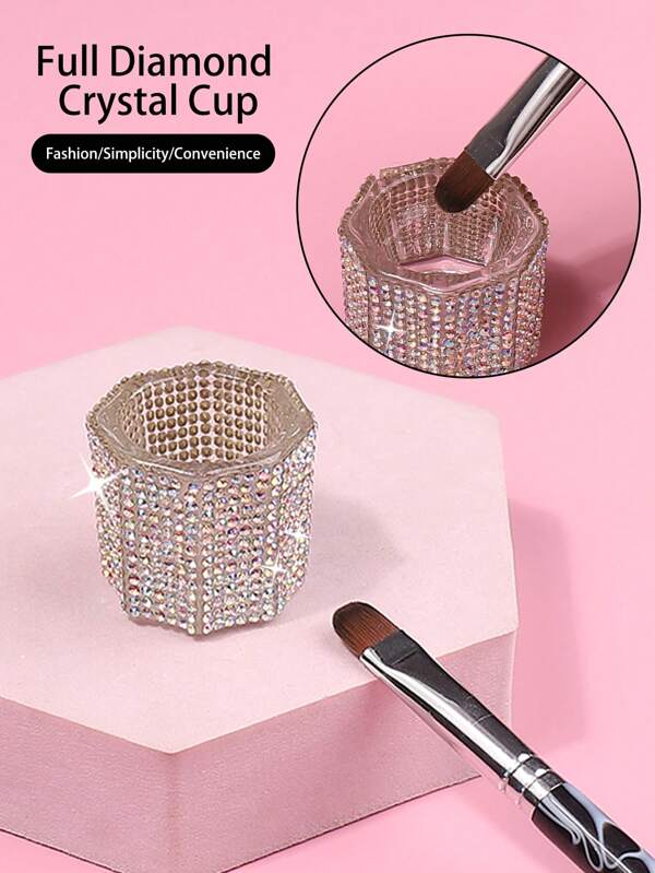 klimonla 1 pieza Taza de cristal de diamante con pie alto, taza de lavado de acrílico para bolígrafos, bandeja de dappen líquido, tazón transparente, estante para esmalte de uñas, contenedor, equipos y herramientas