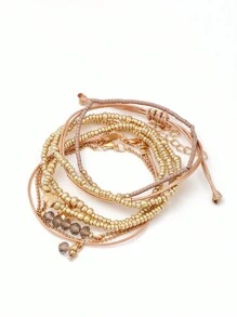 7pcs Fashion Heart Beaded Bracelet, CCB Crystal-Like Adjustable Rice Faux Pearl Woven Bracelet For Women Valentines - Gold - View 4