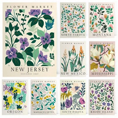 3 pezzi cartellone Opere d'arte murarie con fiori di stato di Rhode Island, Tennessee, New Jersey, Virginia, Massachusetts, dipinti su tela, decorazione per la casa senza cornice