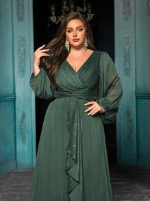 Plus Size Party Evening Gown Elegant Women Long Sleeve Formal Dress For Cocktail Party, Galas, Dinner Party,Formal Events Solid Color Ruffle Lantern Sleeve Dresses - 墨綠色 - 查看 6
