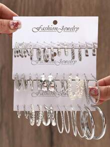 12pcs Retro Punk Geometric Square & C Shape Hoop Earrings Set, Bohemian Style Faux Pearl Big Round Earrings, Casual Daily Jewelry Set - Ideal Holiday Gift For Women