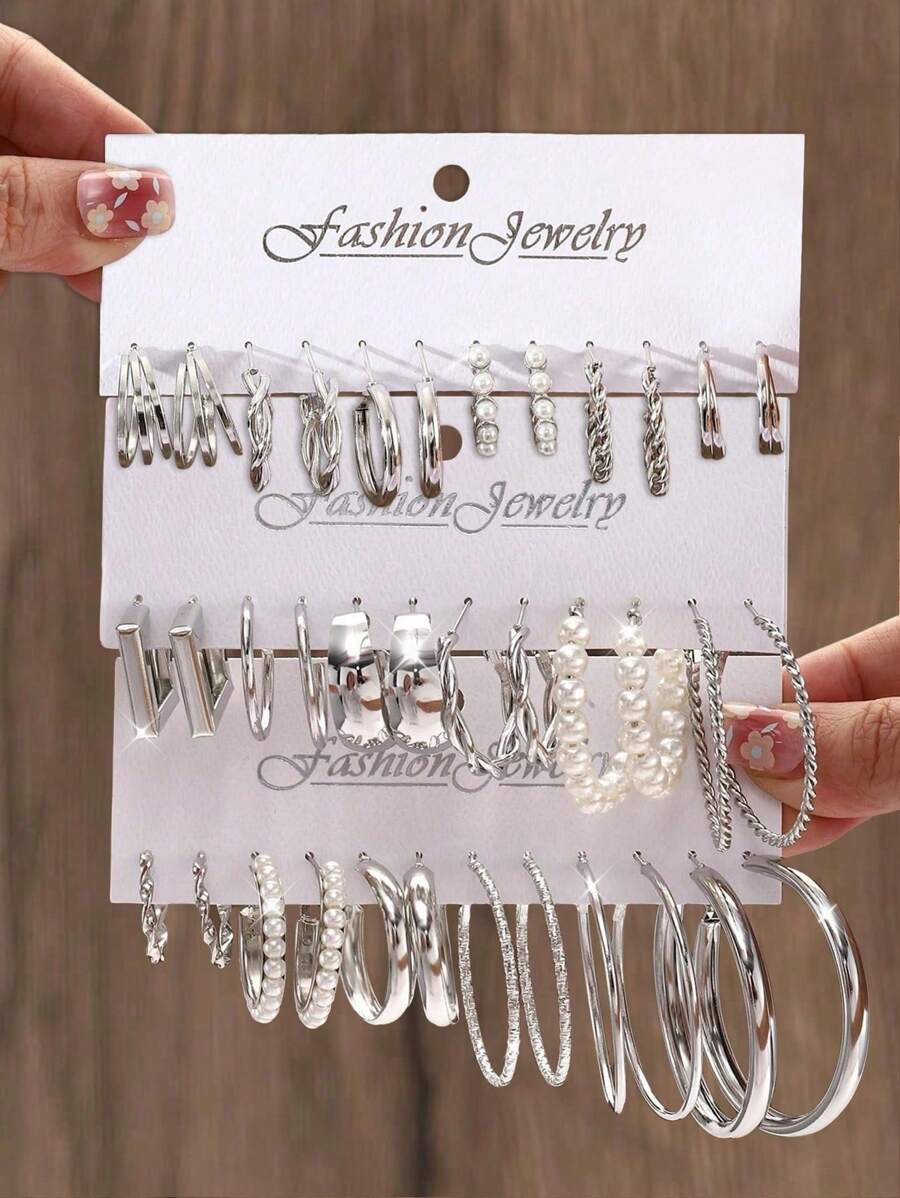 12pcs Retro Punk Geometric Square & C Shape Hoop Earrings Set, Bohemian Style Faux Pearl Big Round Earrings, Casual Daily Jewelry Set - Ideal Holiday Gift For Women