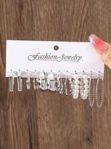 12pcs Retro Punk Geometric Square & C Shape Hoop Earrings Set, Bohemian Style Faux Pearl Big Round Earrings, Casual Daily Jewelry Set - Ideal Holiday Gift For Women