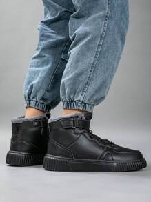 Unisex Outdoor Casual Thermal Lined Versatile Flat Lace-Up High-Top Sneakers, Suitable For Christmas, Thanksgiving, New Year Holiday Gifts - Black - View 6