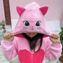 Cute Fleece Pajamas  Kids Pink Kitten Kigurumi Women Girls Original - 淺粉色 - 查看 1