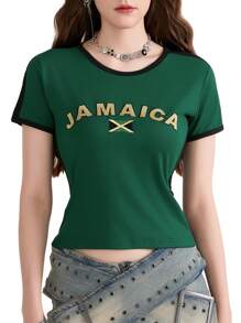 Women T-Shirt, Crew Neck Short Sleeve Letters Print Contrast Color Summer Tops Streetwear