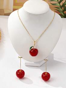 Boucles d'oreilles rétro à la mode, jolies et grandes cerises rouges, et grand collier de cerises pour tenues de bureau, vacances, dîner et fête. Idéal comme cadeau.
