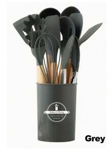 1 套厨房用具套装、硅胶炊具套装、12 件硅胶厨房用具套装、木制烹饪用具、厨房小工具、硅胶餐具套装、带储物桶的厨房工具