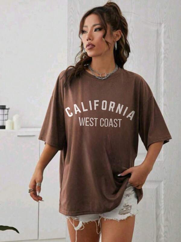 Camiseta Feminina California West Coast Larga Básica Casual Streetwear em Algodão