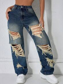 Rave Y2k Street Retro Street High Waisted Slanted Pocket Slit Straight Leg Jeans - Blue - View 6