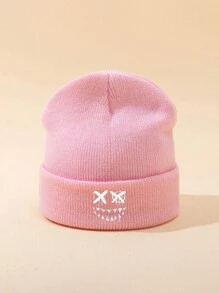 MAKEFGE 1pc Unisex Autumn/Winter Black Outdoor Casual Fashion Smiling Face Embroidery Beanie Hat, Soft Warm Simple Lightweight Knit Cap For Daily Matching