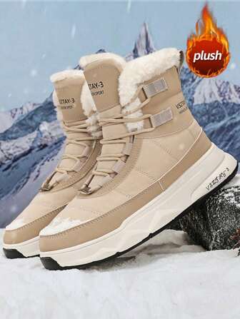 Men's Winter Snow Boots, Lace-Up High-Top Warm Boots, Fashionable Thickened Outsole Anti-Skid Wear-Resistant With Random Letter Print, Leather Patchwork, Plush Lining, Comfortable Outdoor Snow Boots For Men, Casual, Work, Travel