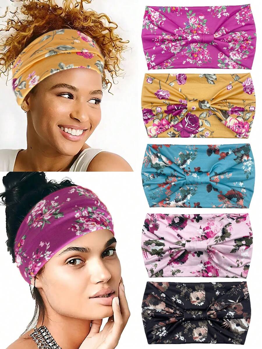 新款波西米亚风格玫瑰印花弹性头带，宽扭发带适合户外、运动、瑜伽、健身服、优雅街头派对，涤纶，四季头巾头带吸汗带