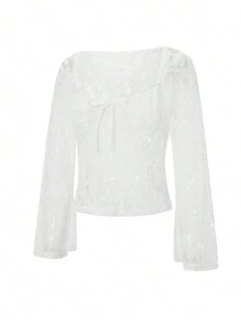Blusa corta de encaje floral transparente para mujer, manga larga, escote corazón, lazo frontal, ropa de club - Blanco - Ver 2
