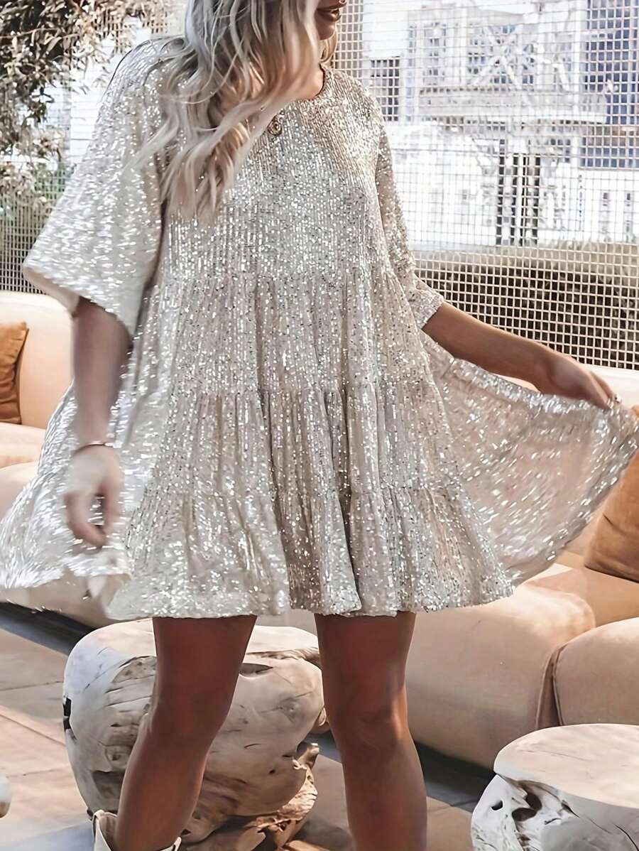 Plus Size Women Solid Color Sequin Round Neck Half Sleeve Loose Babydoll Dress - Silver - View 1