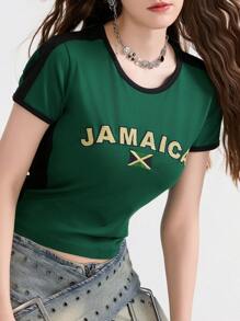 Women T-Shirt, Crew Neck Short Sleeve Letters Print Contrast Color Summer Tops Streetwear