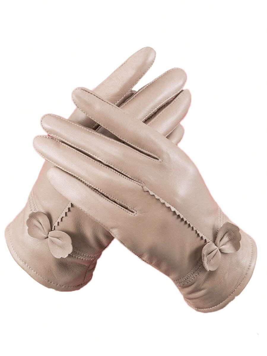 Leather Gloves For Women Winter Warm Genuine Sheepskin Leather Gloves With Thermal Cashmere Knitted Lining Driving Fashion Glovec - 卡其色 - 查看 1