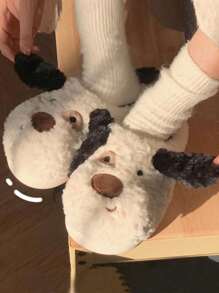 男士可爱黑白小狗 3D 动物图案保暖厚底防滑室内拖鞋，冬季 - 黑與白 - 查看 2