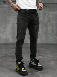 修身男士时尚高腰韩版紧身牛仔裤 - 黑色 - 查看 1