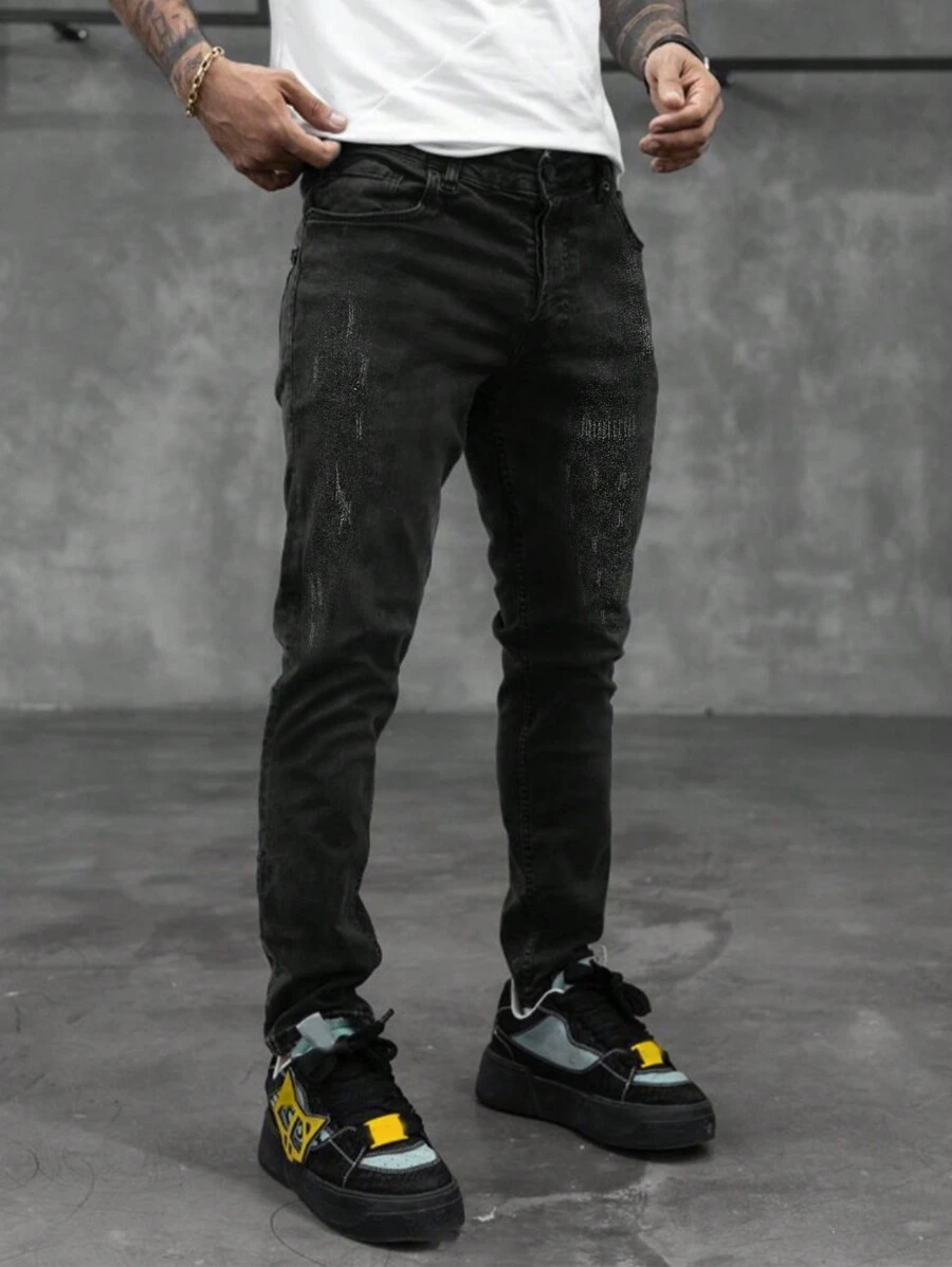 修身男士时尚高腰韩版紧身牛仔裤 - 黑色 - 查看 1