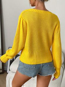 Suéter de cuello redondo suave y elástico - Tejido de punto de manga linterna sólida y cálida, para otoño/invierno - Ropa de estilo casual para mujer