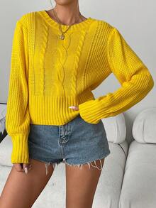 Suéter de cuello redondo suave y elástico - Tejido de punto de manga linterna sólida y cálida, para otoño/invierno - Ropa de estilo casual para mujer