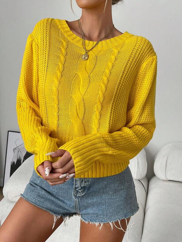 Suéter de cuello redondo suave y elástico - Tejido de punto de manga linterna sólida y cálida, para otoño/invierno - Ropa de estilo casual para mujer